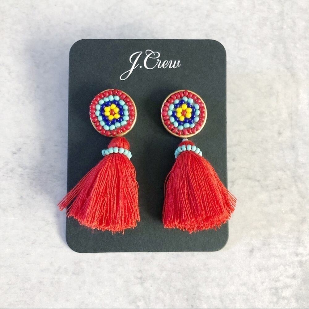 J. Crew Beaded Tassel Stud Earrings Authentic Red NEW
